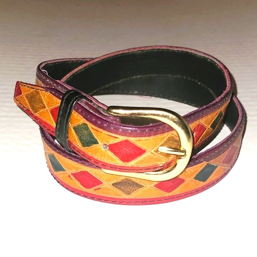 Genuine Leather belt Small - M red & green on brown gold buckle 1"x 25" - 29.5"